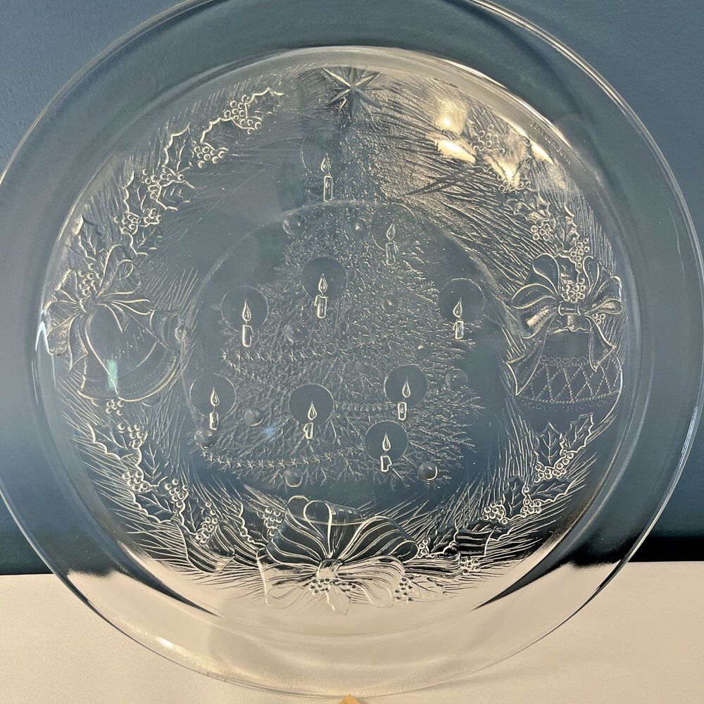 Vintage Clear Glass Christmas Tree 12.5 in Platter With Garlands Bows Bell